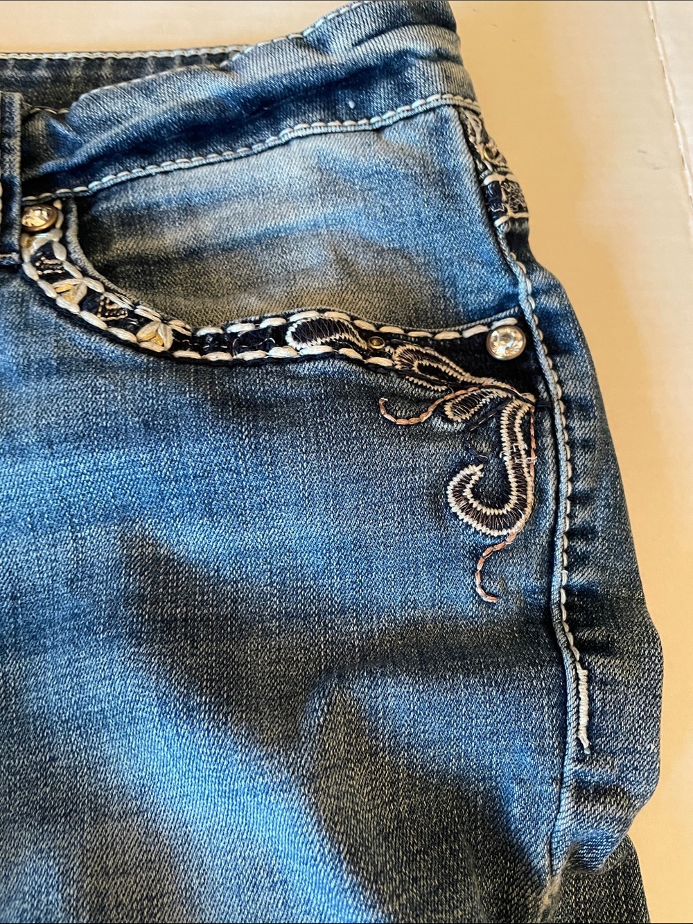 Shyanne Blue Denim Jeans with Lots of Bling and Contrast Stitching - Picture 8 of 11